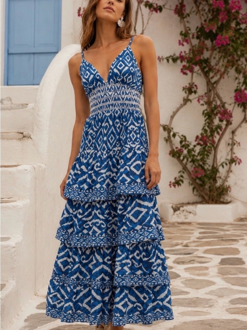 Caroline Constas NWT Blue White
Print Spaghetti Straps Tiered
Maxi Dress Large